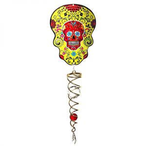 Spin Art Skull Wind Spinner with Crystal Tail - Yellow