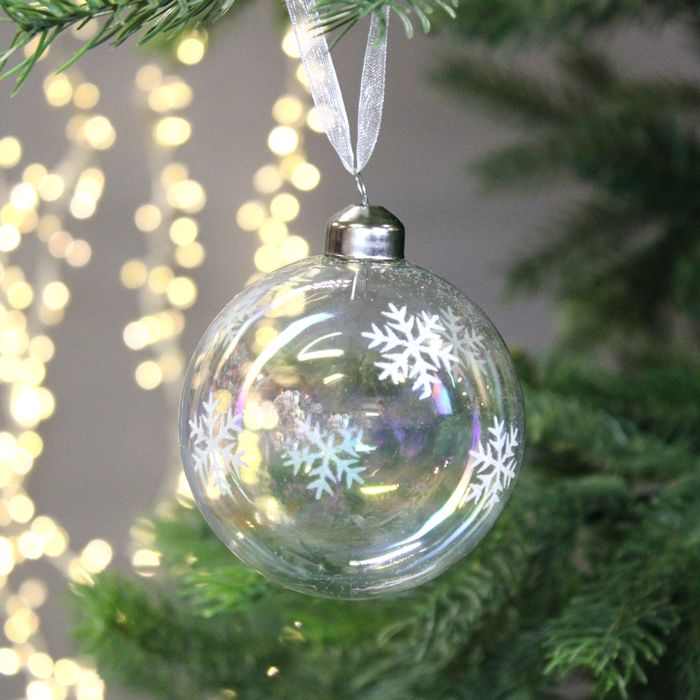 Festive Snowflake Glass Ball, 8cm – Clear Iridescent | Charlies