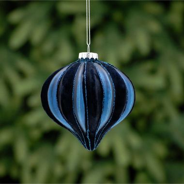 Matte Navy Flocked Glass Onion Shaped Bauble - 10cm