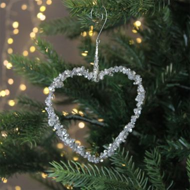 Silver Beaded Hanging Heart Decoration - 12cm