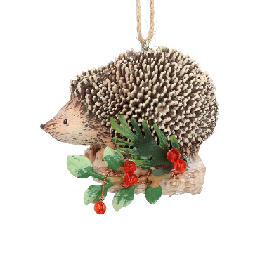 Hedgehog on Holly Log Decoration - 4cm
