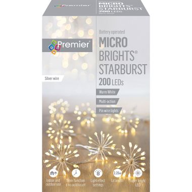 Premier 200 Micro Brights Starburst Battery LED String Lights, Warm White - 2.2m