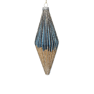 Blue and Gold Ribbed Glass Teardrop Decoration - 14cm