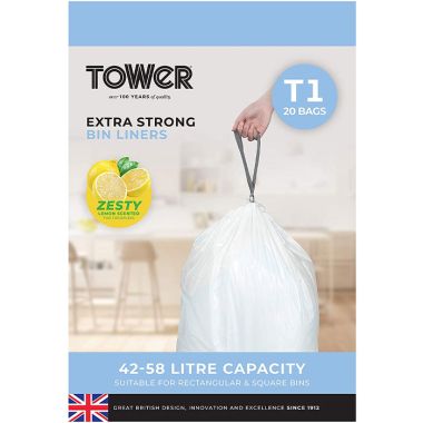 Tower Lemon Scented Bin Liners 42-58 Litres – 20 Pack
