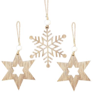 2 Wooden Star and Snowflake Decorations - 9cm