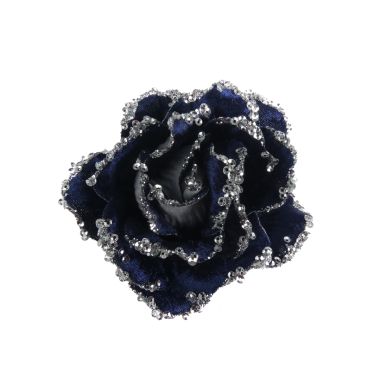 Navy Velvet Rose Clip On Decoration - 10cm