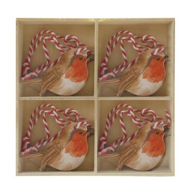 8 Wooden Robin Christmas Decorations - 6cm