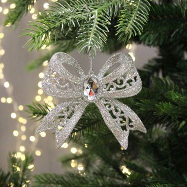 Silver Hanging Glitter Bow Decoration - 11cm