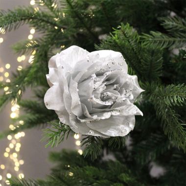 Silver Clip On Rose Decoration - 14cm