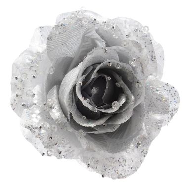 Silver Clip On Rose Decoration - 14cm