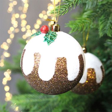 3 Christmas Pudding Glittered Baubles - 8cm