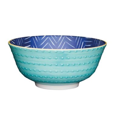 KitchenCraft Glazed Ceramic Bowl - Embossed Blue Spot and Stripe