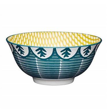 KitchenCraft Glazed Ceramic Bowl - Folk Leaf Green and Yellow