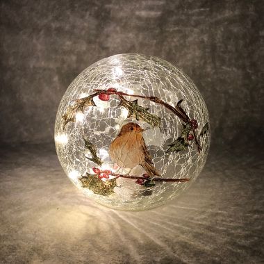 Festive Robin LED Lit Crackle Glass Ball – 15cm