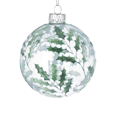 Clear Glass Ball Decoration with Holly Leaves - 8cm