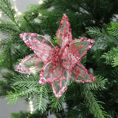 Pink Clip On Sheer Glitter Flower Decoration - 20cm