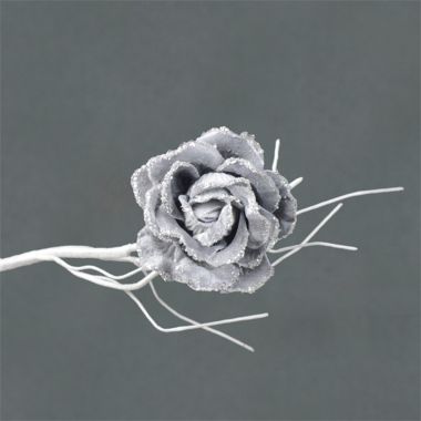 Silver Velvet Rose Clip On Decoration - 10cm