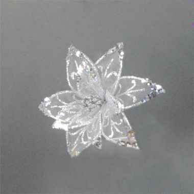 Silver Clip On Sheer Glitter Flower Decoration - 20cm