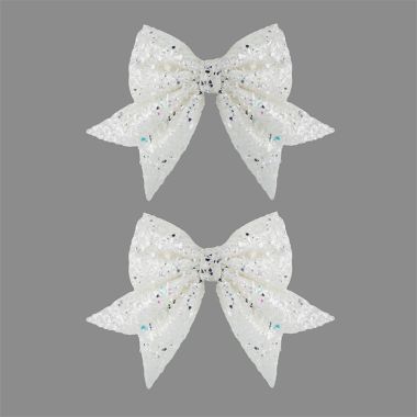 2 Frosted White Glitter Bows - 13cm