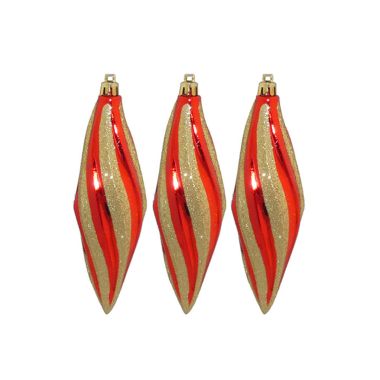 3 Red & Gold Swirl Drop Baubles - 18cm