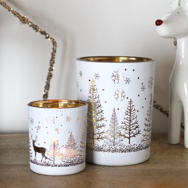 Reindeer in a Forest Votive, White and Champagne - 8cm