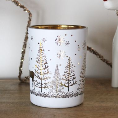 Reindeer in a Forest Votive, White and Champagne - 12.5cm