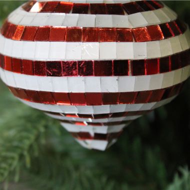 Red & White Stripe Mirror Effect Glass Bauble - 8cm 