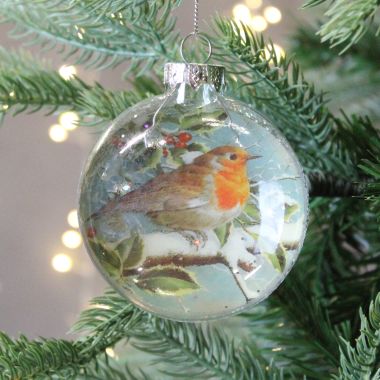 Glass Robin Printed Bauble - 8cm 