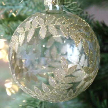 Glass Bauble with Gold Glitter Leaves - 8cm 