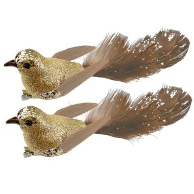 2 Gold Glitter and Brown Feathered Birds - 23cm