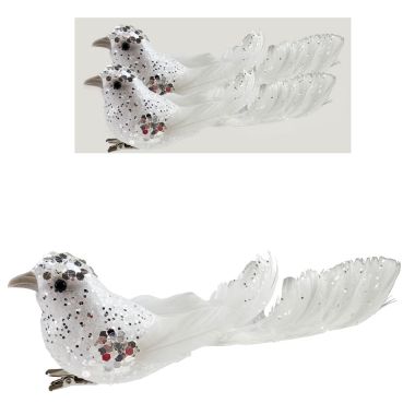 2 White Glitter Feathered Birds - 16cm