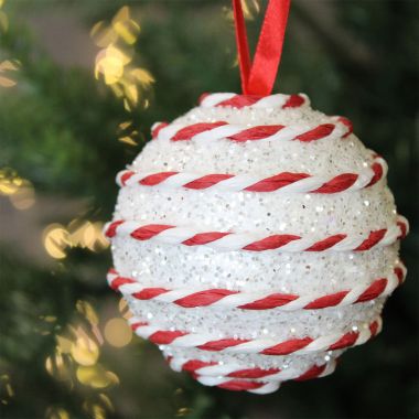 White Glitter Candy String Bauble - 8cm