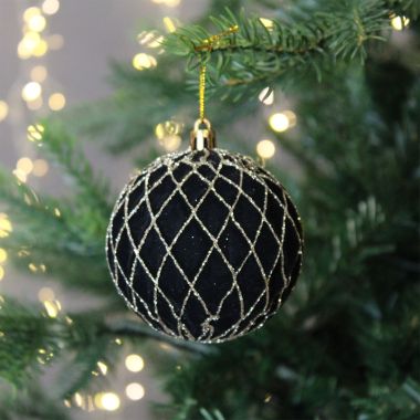 Black Bauble with Gold Glitter Line Pattern - 8cm 
