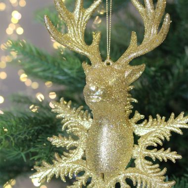 Gold Reindeer Head on Snowflake Decoration - 18cm