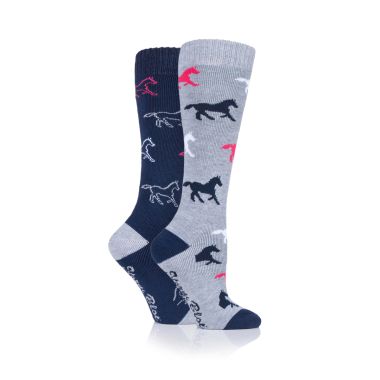 Storm Bloc Women’s Long Horse Print Socks, Pack of 2 – Navy/Grey