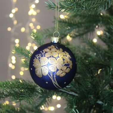 Blue Glass with Gold Flowers Bauble - 8cm