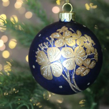 Blue Glass with Gold Flowers Bauble - 8cm