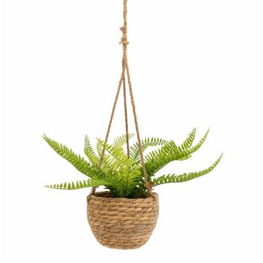 Artificial Green Fern in Hanging Rattan Basket