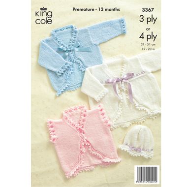 King Cole Baby 3ply or 4ply Matinee Coat and Hat Knitting Pattern