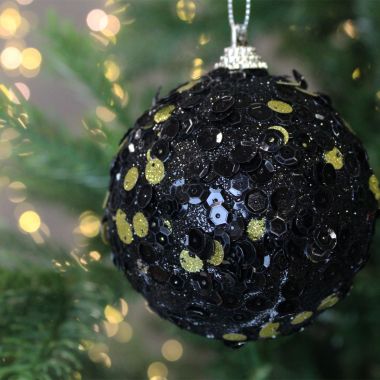 Black and Gold Sequinned Bauble - 8cm