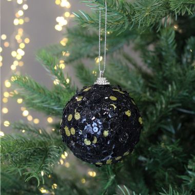 Black and Gold Sequinned Bauble - 8cm