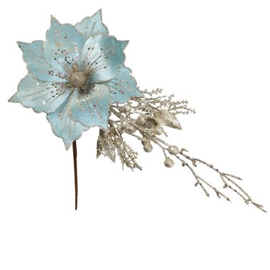 Ice Blue Glitter Flower & Foliage Decoration - 46cm
