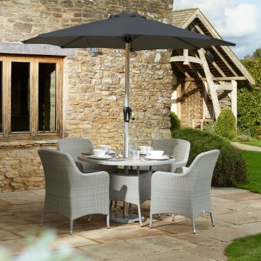 Bramblecrest Tetbury 4 Seater Dining Garden Furniture Set with Parasol & Base - Cloud