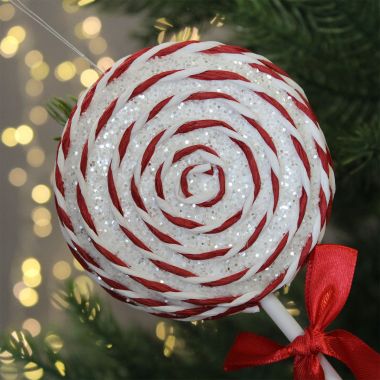 White & Red Tinsel Swirl Lolly Decoration - 30cm