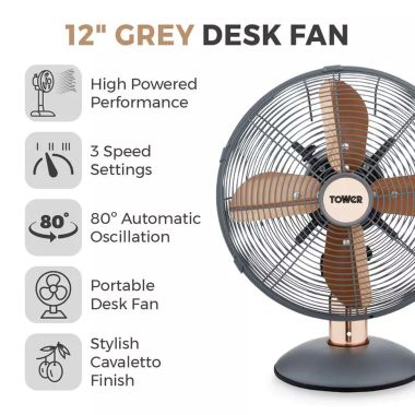 Tower Cavaletto Metal Desk Fan, 12in - Rose Gold/Grey