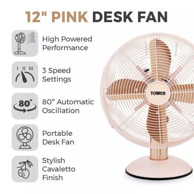 Tower Cavaletto Metal Desk Fan, 12in - Rose Gold/Pink