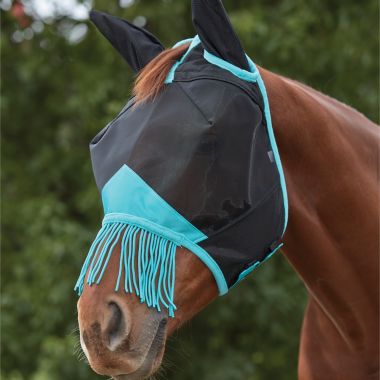 Weatherbeeta ComFiTec Deluxe Mesh Mask with Ears & Tassels - Black/Turquoise