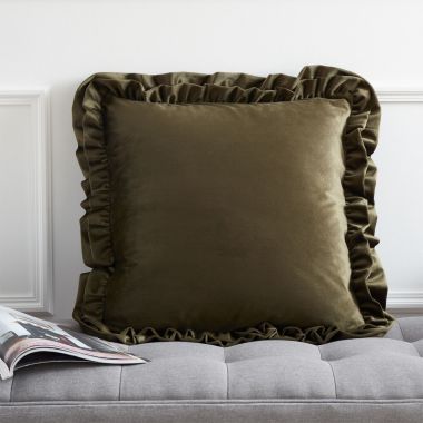 Catherine Lansfield Double Frill Velvet Cushion - Olive