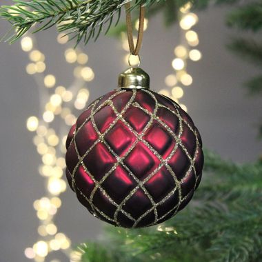 Festive Quilted Glass Bauble, 8cm – Matte Burgundy