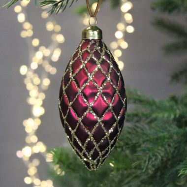 Festive Quilted Olive Shaped Glass Bauble, 12cm – Matte Burgundy